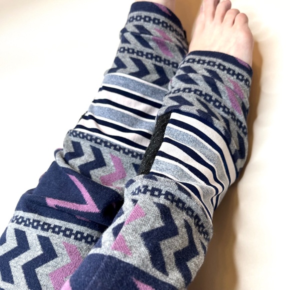 Patchwork Striped Leg Warmers Purple Sweater Knee Socks Gray Knit Thigh Highs OS - Picture 7 of 10